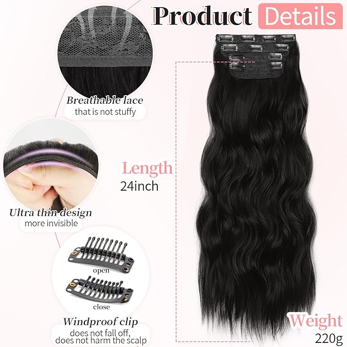 KooKaStyle Clip in Hair Extensions 4PCS Long Wavy Synthetic Dark Black Brown Fiber Double Weft Natural Thick Hairpieces 24Inch for Women