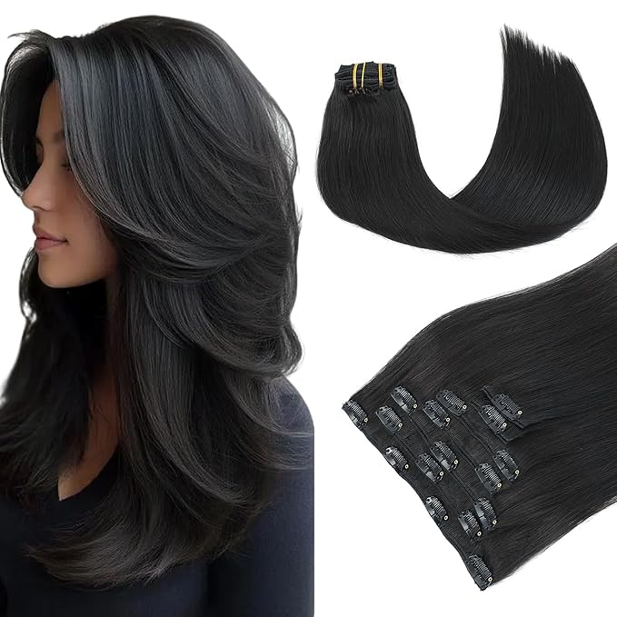 PINKPEARL Clip in Human Hair Extensions #1B Natural Black Clip in Hair Extensions Real Human Hair 18 inch Remy Hair 120g 7pcs Straight Natural Human Hair Clip ins(#1B-18)