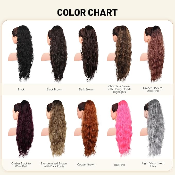 LEEONS 26 inch Drawstring ponytail Extension, Long Wavy pony tails hair extensions for Women - Synthetic Hairpiece Ponytail for Daily Use (Omber Black to Dark Pink)