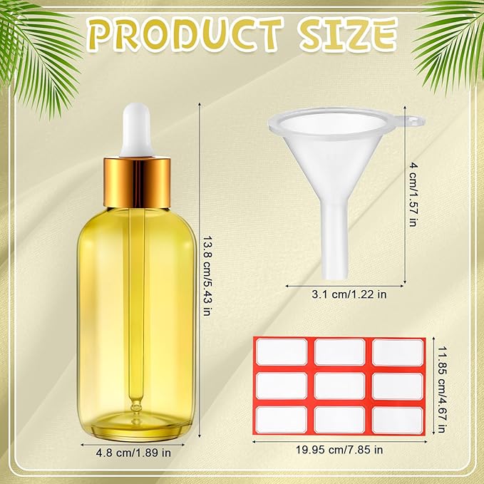 Dandat 50 Pack 4 oz Glass Dropper Bottles Leakproof 120 ml Glass Tincture Bottles with Eye Droppers, 4 Funnels, 54 Labels for Essential Oil Perfumes Hair Oil(Yellow)