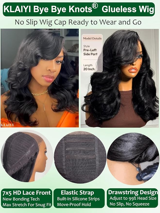 KLAIYI Bye Bye Slip™ Loose Body Wave Wig Layer Side Part 200% Density 7X5 Pre Cut Lace Front Wigs Human Hair Drawstring Glueless 30S Ready to Wear and Go Beginner Wig Pre Plucked Bleached Knots 20Inch
