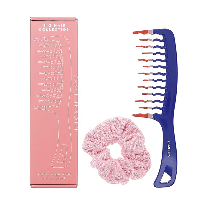 Big Hair Tools Extra Large Wide Tooth Comb for Thick, Curly, Wavy or Long Hair - Frizz-Free Detangling Shower Comb - Big Hair Comb and Microfiber Scrunchie