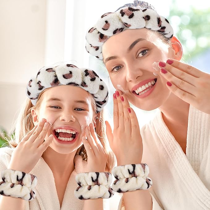 Zkptops Spa Headband for Washing Face Wristband Set Sponge Makeup Skincare Headband Wrist Plush Bubble Get Ready Hairbands for Women Puffy Headwear Non Slip Thick Thin Hair Accessory(Beige Leopard)