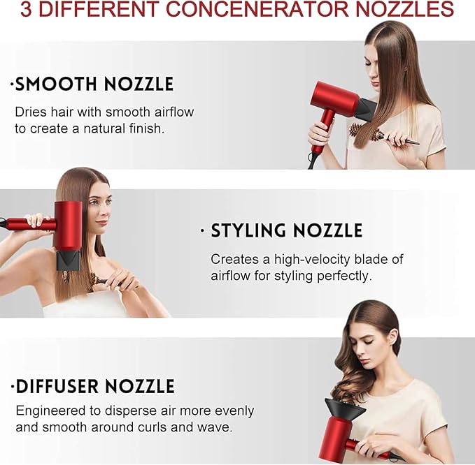 Slopehill Professional Ionic Hair Dryer, Powerful 1800W Fast Drying Low Noise Blow Dryer with 2 Concentrator Nozzle 1 Diffuser Attachments for Home Salon Travel (Agate Red)