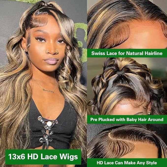 13x6 Body Wave Lace Front Wigs Human Hair 180% Density 13x6 HD Lace Front Wigs Human Hair 22Inch Highlight Balayage Wig FB/27 Glueless Wigs Pre Plucked Pre Cut Ombre Wig