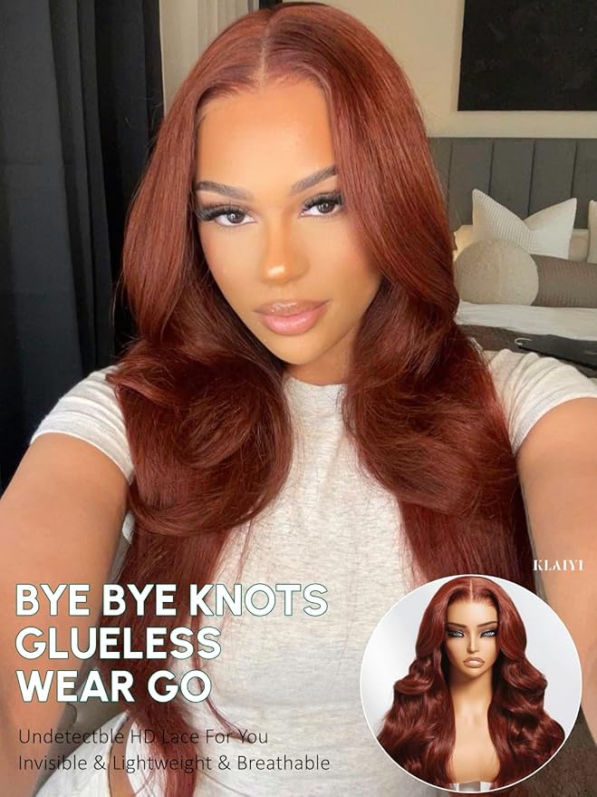KLAIYI Bye Bye Knots Glueless Wig Reddish Brown Body Wave 7x5 Pre Cut HD Lace Front Wigs Human Hair Put On And Go Wig Pre Bleached Pre Plucked with Baby Hair 30S Ready To Wear 150% Density Full 20Inch