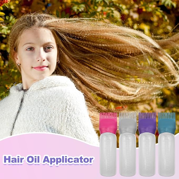 ELANE 4 Pack Hair Oiler Comb Bottle,Root Comb Applicator Bottle for Hair Oil Scalp Hair Oiling Applicator(Grey+Purple+Red+Green)