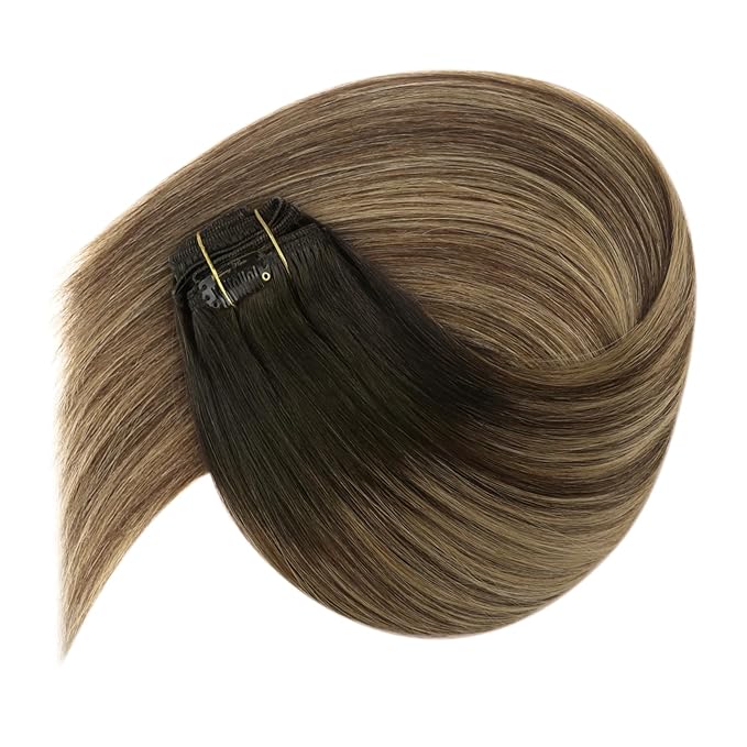 Ve Sunny Human Hair Clip in Extensions Black Clip in Hair Extensions Black Ombre Brown with Blonde Extensions for Women Real Hair Thick End 16Inch 120g