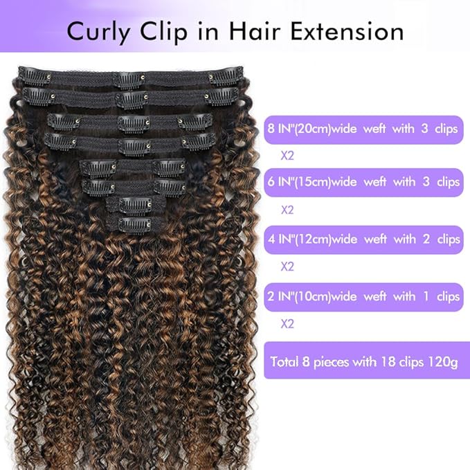 FB30 Highlight Ombre Curly Clip In Extension Human Hair 3C 4A Kinky Curly Clip Ins Full Head for Black Women Brazilian Remy Human Hair Balayage Brown 8Pcs with18clips 120g/Set (22 inch)