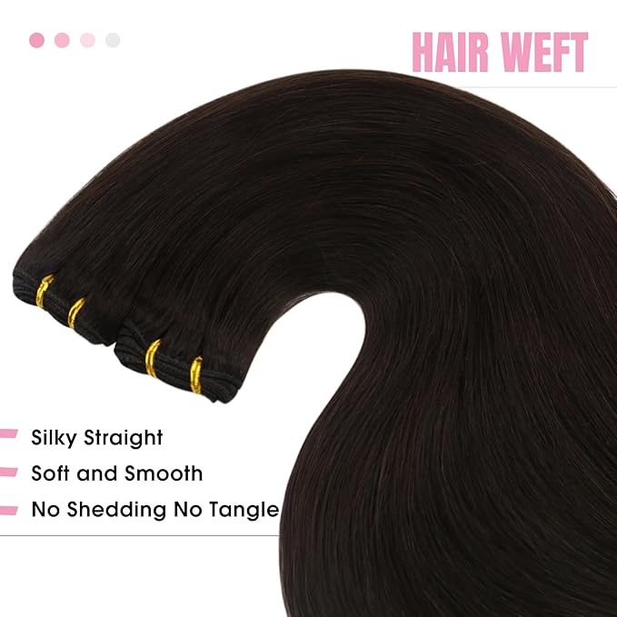 YoungSee Sew in Hair Extensions Real Human Hair Dark Brown Hair Extensions Sew in Darkest Brown Double Weft Human Hair Extensions Remy Hair 20Inch 100G
