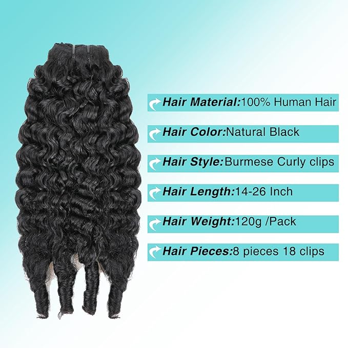 Burmese Curly Clip In Hair Extensions Real Human Hair 8pcs 120g/Set Spirally Curly Classic Clips Ins Full Head For Black Women 20 Inch Natural Black