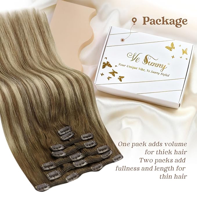 Ve Sunny Clip in Hair Extensions Brown Human Hair Clip in Extensions for Women Clip in Extensions Real Human Hair Chestnut Brown Balayage Platinum Blonde Easy to Wear 7pcs 20inch 120g