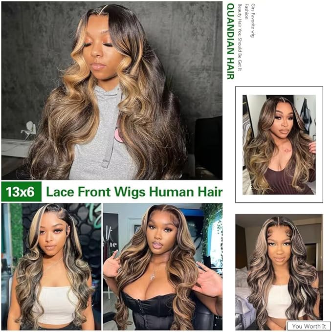 13x6 Body Wave Lace Front Wigs Human Hair 180% Density 13x6 HD Lace Front Wigs Human Hair 22Inch Highlight Balayage Wig FB/27 Glueless Wigs Pre Plucked Pre Cut Ombre Wig