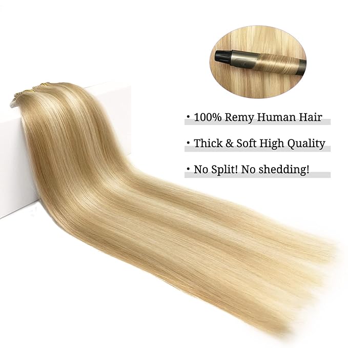 DOORES Clip in Hair Extensions, Real Human Hair, Balayage Dark Blonde Highlighted Bleach Blonde, 20 Inch 120g 7pcs, Remy Natural Straight Thick