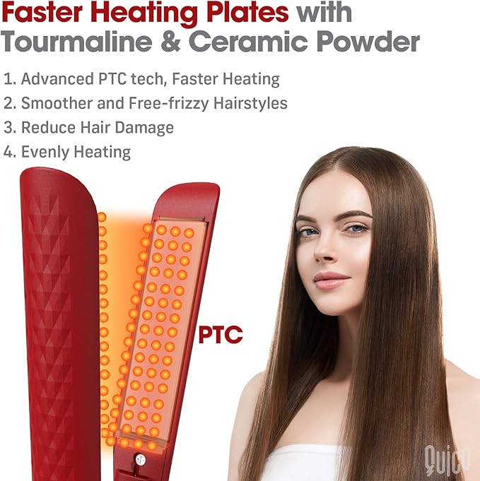 Quico Hair Straightener, 110-240V Global Travel Hair Straighteners for Women, 15s Fast Heating, Professional Negative Ion Flat Iron, Temp Memory, 320℉-450℉, Auto-Off, with Glove and Clips, Gift, Red