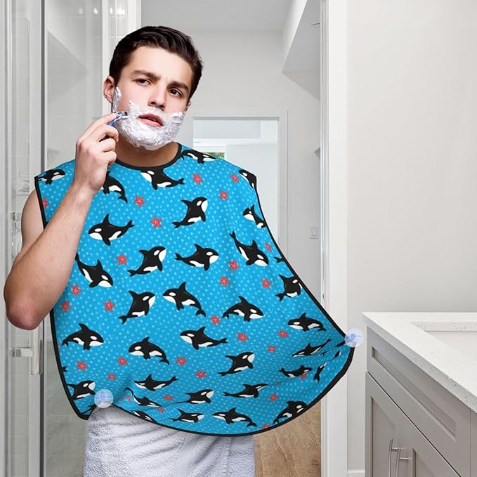 Waterproof Beard Trimming Bib, Non-Stick Hair Catcher for Men Shaving, Grooming Apron for Husband Dad, Cute Killer Whale Starfish Bubbles Dots Blue Shave Bib