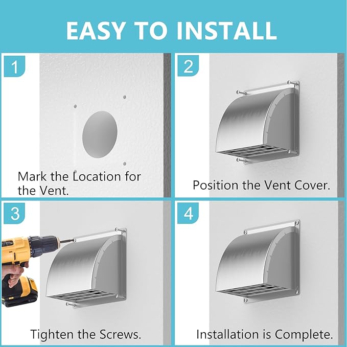 4 Inch Dryer Vent Cover Outside, HG Power Exterior Vent Cover with Removable Screen & Cushioned Non-Return Flap, Stainless Steel Air Wall Vent for House, Range Hood, AC, Opening Diameter: 3.81" Silver