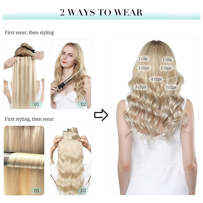 DOORES Clip in Hair Extensions, Real Human Hair, Balayage Dark Blonde Highlighted Bleach Blonde, 20 Inch 120g 7pcs, Remy Natural Straight Thick