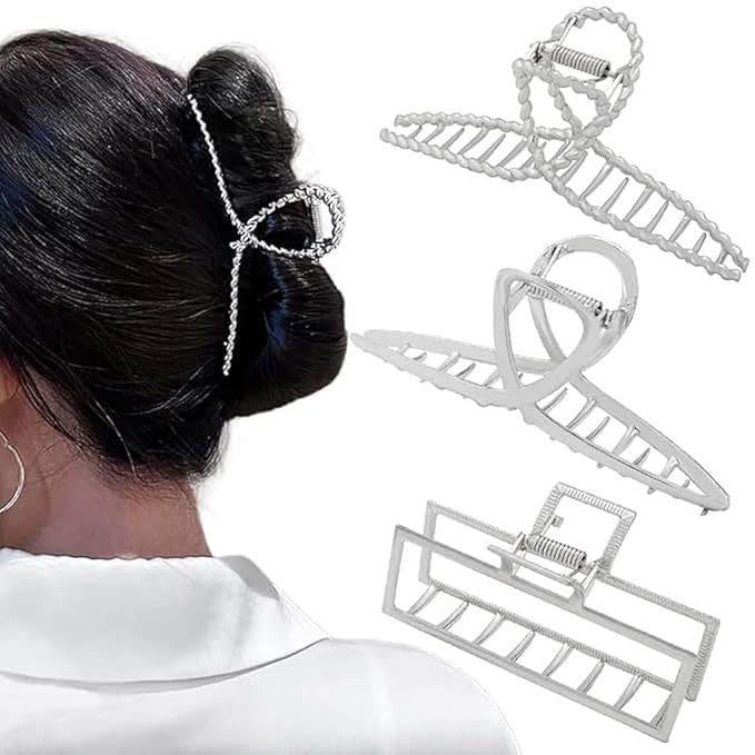 3pcs Hair Claw clips for Women, Metal Silver Large Hair clips for Thick Thin Hair, Geometric Cross Square Jumbo Catch Barrette Clamps, Fashion Hair Accessories Nonslip Hairgrip