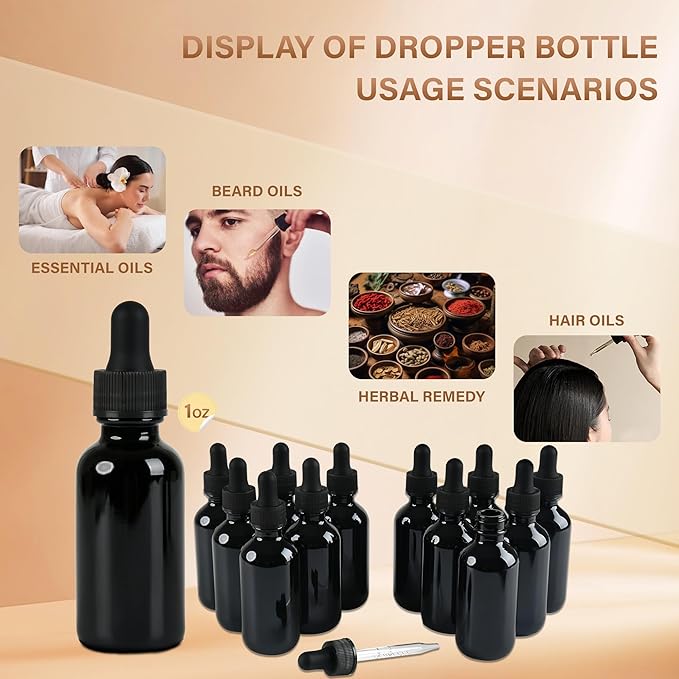 12 Pcs, 2oz Black Glass Eye Dropper Bottle, Tincture Bottles with Leak-Proof Design, Stronger Suction, for All Kinds of Mixed Liquids