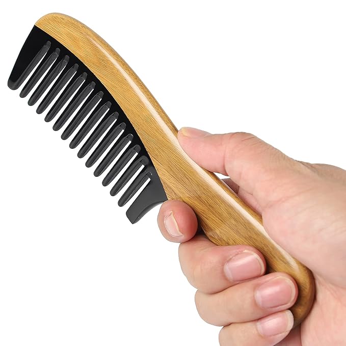 Onedor Handmade Green Sandalwood Buffalo Horn Wide Tooth Hair Combs - Anti-Static Scented Wooden Detangler Combs