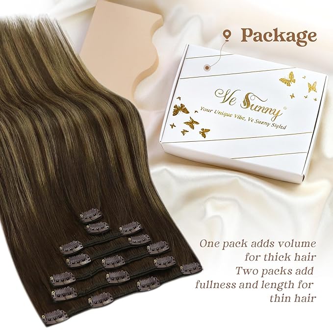 Ve Sunny Clip in Hair Extensions Real Human Hair Balayage Clip in Human Hair Extensions Ombre Brown with Blonde Clip on Extensions for Women Long Straight Hair 24inch 120g 7Pcs
