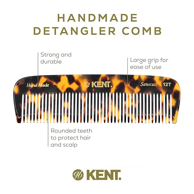 Kent 12T TY Wide Tooth Detangling Comb - Handmade Pocket Comb for Thick, Curly, and Wavy Hair, Grooming Beard and Mustache - Saw-Cut