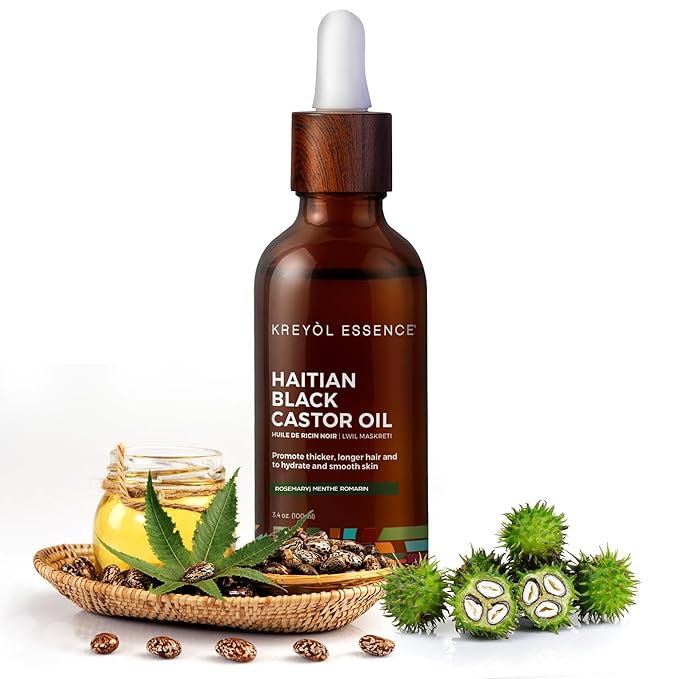 Kreyol Essence - Haitian Black Castor Oil for Skin and Hair, Glass Bottle - Cold Pressed Castor Oil, Fuller-Looking Hair, Hexane Free, Natural Humectant | 3.4 Fl Oz | Rosemary Peppermint
