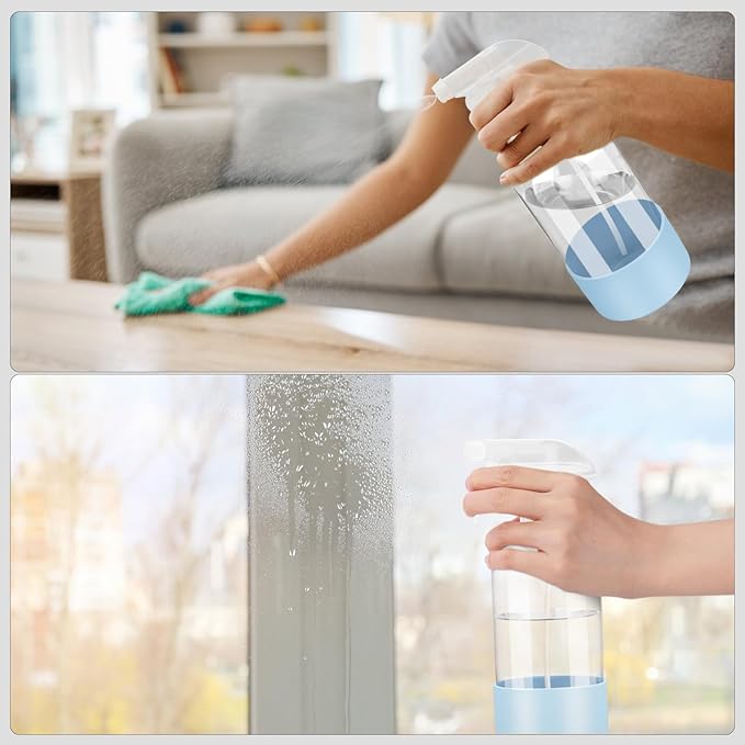 2 Pack Glass Spray Bottles with Silicone Sleeve, 16 oz Empty Refillable Containers with Adjustable Spray Nozzles, Spray Bottles for Hair, Cleaning Solutions and Plants Blue