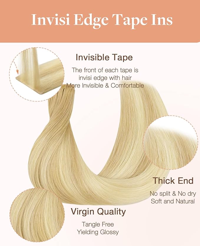 GOO GOO Invisi Edge Tape in Hair Extensions Human Hair, 18AT60A Pearl Ash Blonde Highlights 20pcs 20inch 50g, Virgin Remy Hair, Seamless Injected Tape, Natural Look