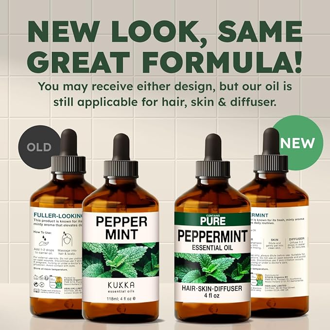KUKKA Peppermint Essential Oils - 4 Fl Oz - for Hair, Skin, Diffuser, Aromatherapy & DIY Soap Making Scent