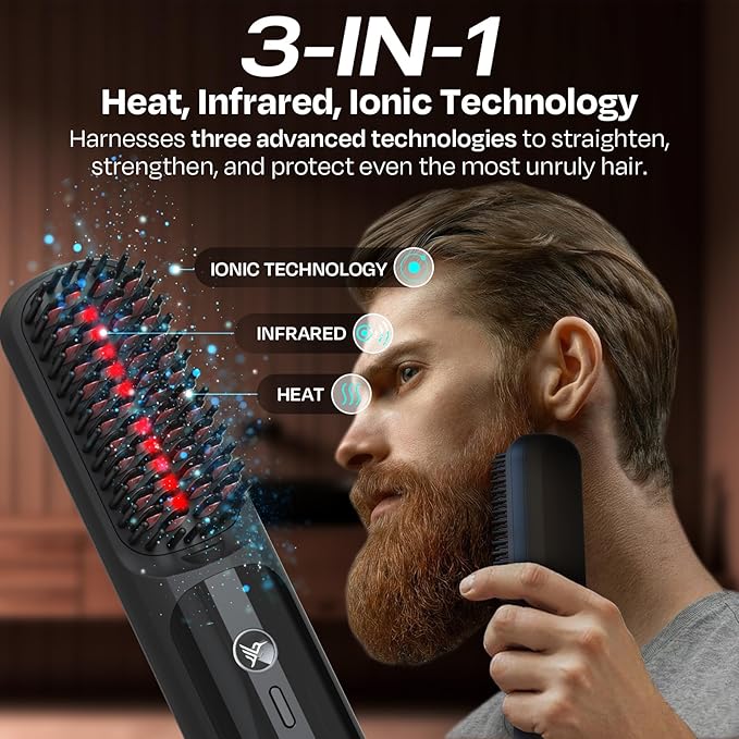 HUMMINGBIRD MK18 BeardBoss Cordless Beard Straightener for Men – Heated Beard Brush & Hot Comb, 5 Temp Settings, Anti-Scald Portable Hair Straightener, PTC Ceramic Heat, Infrared & Ionic, Travel Case