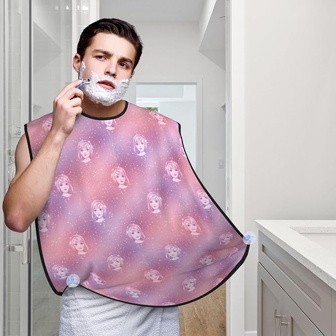 Beard Shaving Cape with Suction Cups, Pink Glitter Pattern Shave Bib, Non-Stick Waterproof Hair Catcher, Grooming Bib for Men Husband