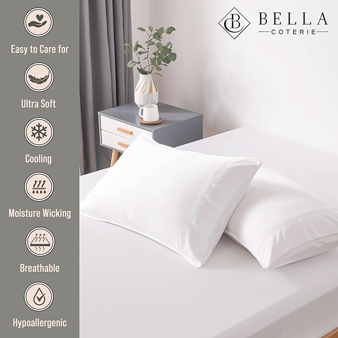 Bella Coterie | Luxury Bamboo Viscose Standard Size Pillowcase Set | 100% Organically Grown | Ultra Soft | Cooling | 2 Pcs [White]