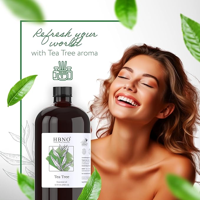 HBNO Tea Tree Oil - Huge 32 oz (950ml) Large Size - Ideal for Diffusers, Cleaning Agents, Deodorizers, and Flavoring Agents (Glass Bottle).