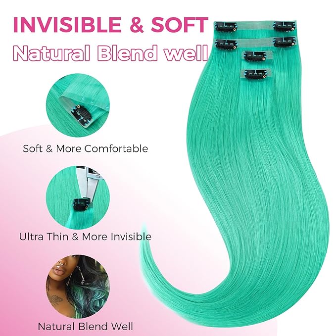 Lashey Clip in Hair Extensions Real Human Hair Green 4pcs 50g Seamless Clip in Hair Extensions Human Hair 22 Inch Long Straight Hair
