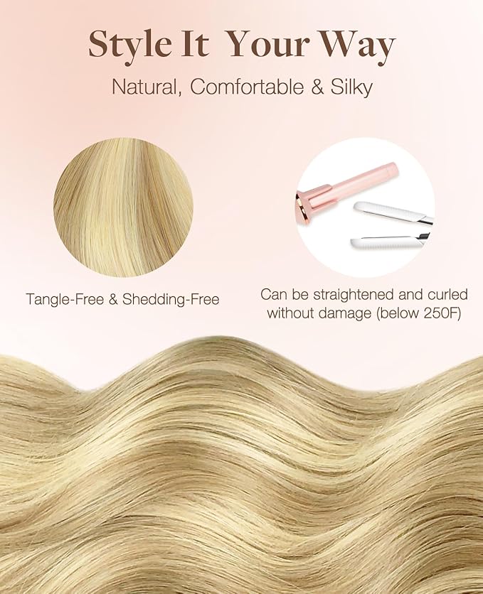 GOO GOO Invisi Edge Tape in Hair Extensions Human Hair, 16/22 Light Blonde Highlighted Golden Blonde, 6pcs 20inch 18g, Virgin Remy Hair, Seamless Injected Tape, Natural Look