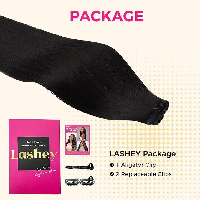 Lashey Seamless Clip in Hair Extensions Human Hair #1 Jet Black Light Yaki Straight Clip in Hair Extensions Real Human Hair 7pcs 110g 16 Inch PU Weft Natural Hair Extension for Women