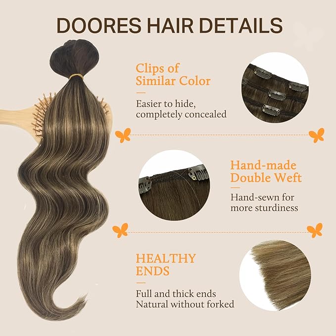 DOORES Hair Extensions Real Human Hair, Balayage Chocolate Brown to Caramel Blonde 18 Inch 135g 7pcs, Thick Extensions Clip ins Remy Natural Weft for Women