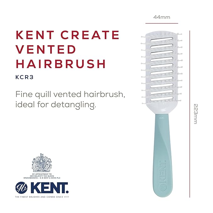 Kent KCR3 "Create" Tunnel Vented Hair Brush for Blowdrying, Creating Root Lift, and Volume in All Hair Types - Vent Brush with Green Ergonomic Handle and Soft Ball Tipped Bristles for Pain Free Use