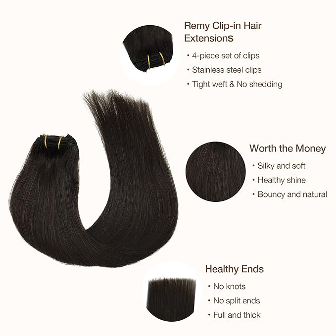 GOO GOO Clip in Hair Extensions Real Human Hair, Remy Human Hair Extensions Clip ins for Women, Natural Human Hair, 14inch 60g 4Pcs, 2 Dark Brown