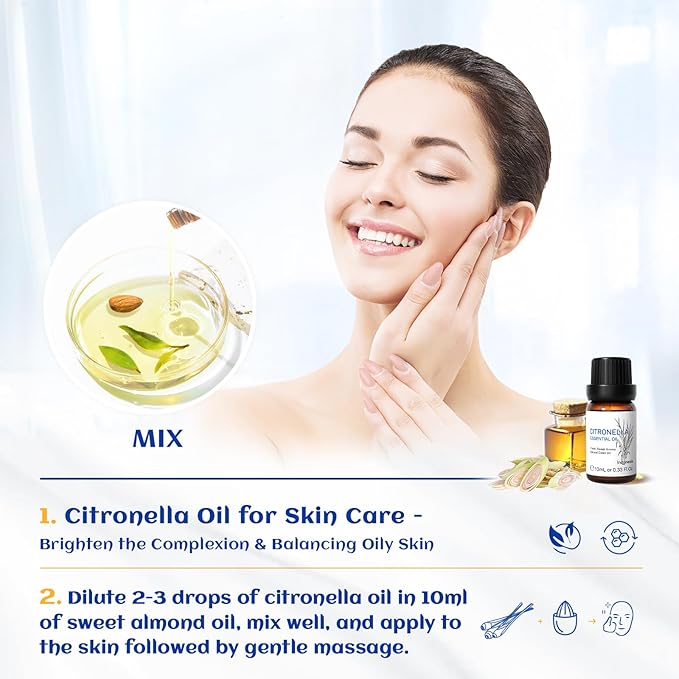 HIQILI 0.33 Fl Oz Citronella Oil for Homemade Sprays, Add to Diffuser, 100% Pure and Natural Undiluted, Portable - 10ml