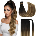 Ve Sunny Hair Extensions Ponytail Real Human Hair Wrap Around Clip in Ponytail Hair Extensions Straight Extensions Human Hair for Women Black Ombre Dark Brown Balayage Caramel Blonde 18inch 80G