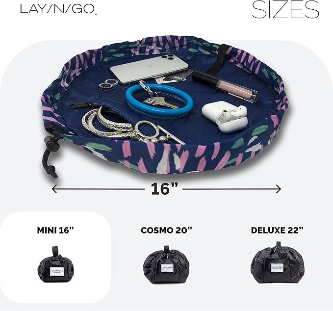 Lay-n-Go Cosmo Layflat Drawstring Cosmetic & Makeup Bag Organizer - Portable Drawstring Makeup Bag w/Zipper Pocket & More - Durable, Machine Washable Toiletry Bag for Travel (16", Crossmark)
