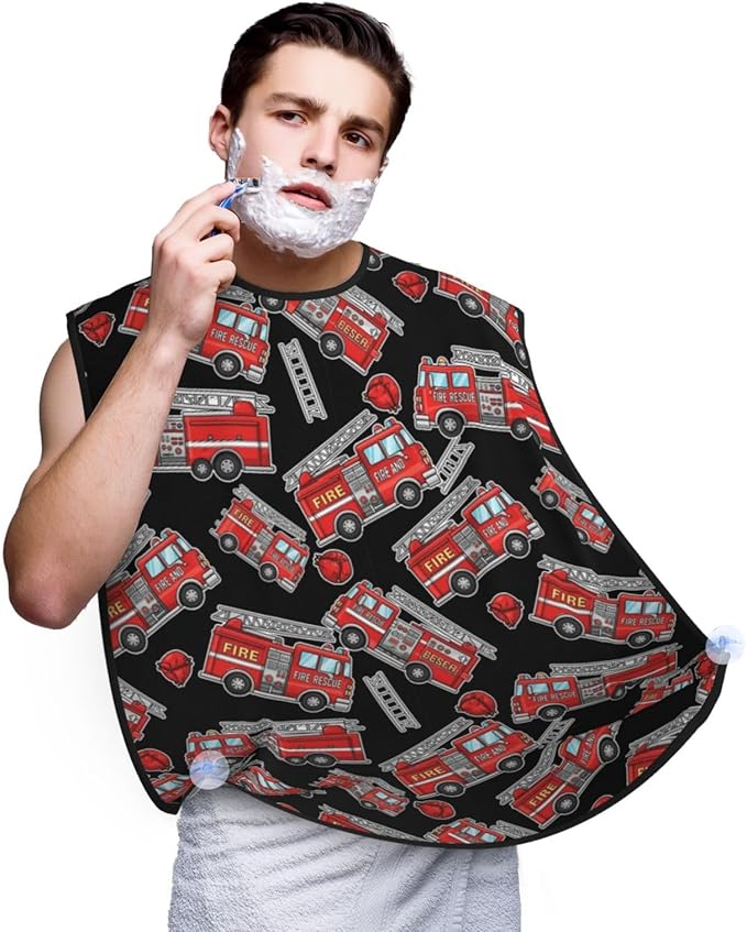 Waterproof Beard Trimming Bib, Non-Stick Hair Catcher for Men Shaving, Grooming Apron for Husband Dad, Cute Cartoon Fire Truck Shave Bib