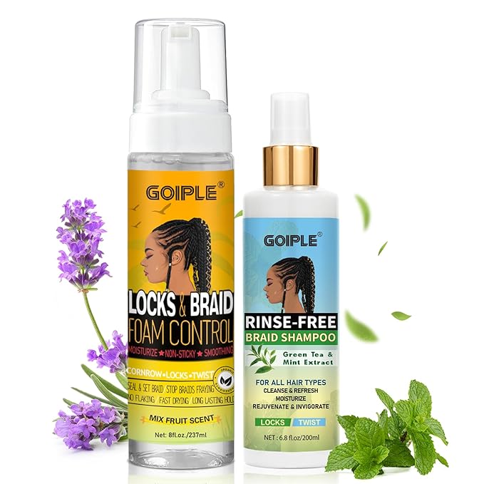 Braid Foam Control Mousse Braiding Mousse No-Water Braid Shampoo for Braids, Twist, Locs - Hair Foaming No Flake Extra Hold - Rinse-Free Dreadlock Shampoo for Build-Up, Odor, Itch & Flakes(2PCS)