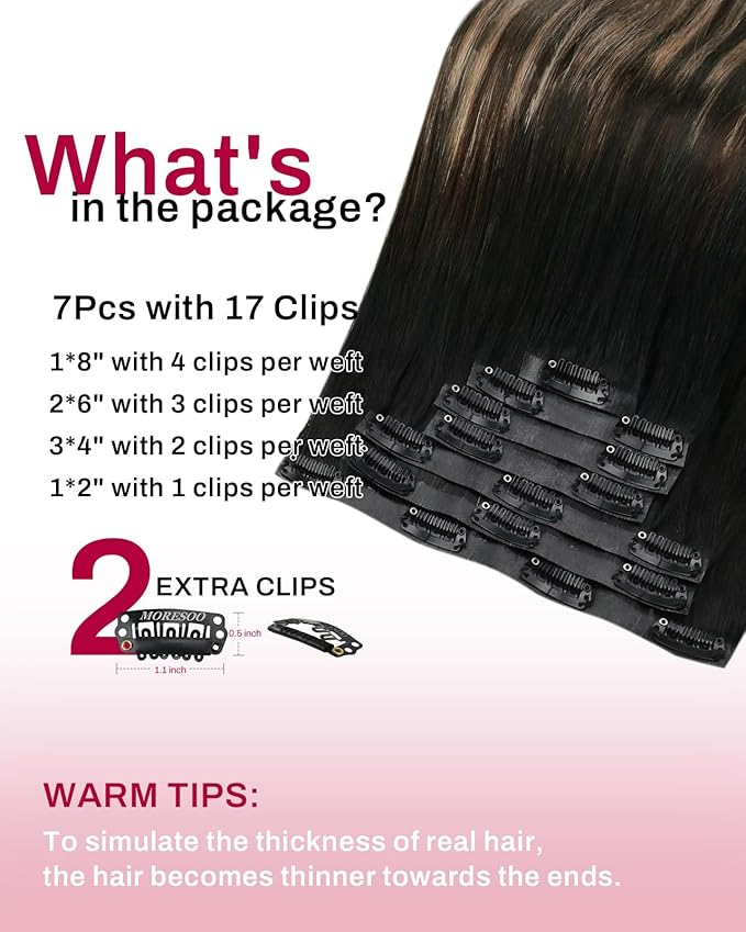 Moresoo Seamless Clip in Hair Extensions Human Hair Ombre Black to Blonde Hair Clip Extensions for Women Straight Balayage Natural Black to Brown with Caramel Blonde 120g/7pcs 16in