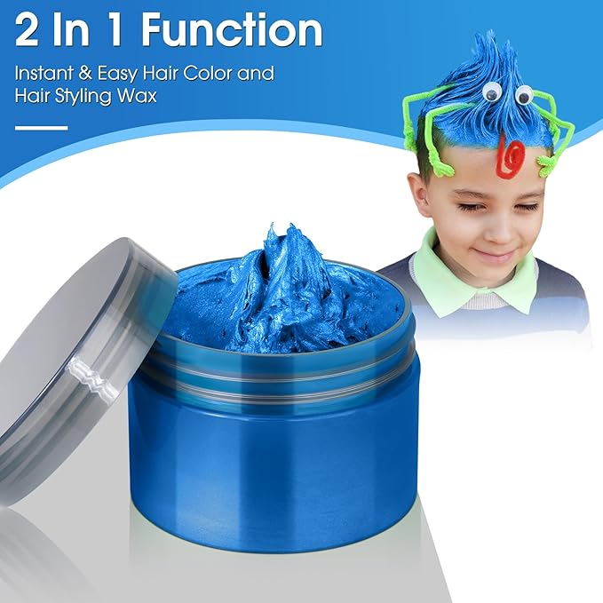 Temporary Hair Color Wax Kit, Stocking Stuffers for Teen Girls age 4 5 6 7 8 9 10+ Hair Dye Color Wax Washable Crazy Hair Style with Wiggle Eyes & Face Pens (Blue)