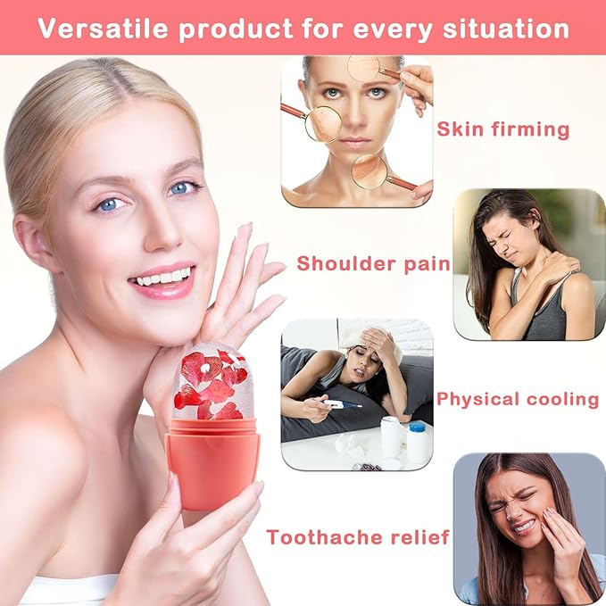 XHJRI Ice Face Roller Massager,Ice Cube Roller for Face, Eyes and Neck Naturally Conditioning and Skin Care,De-Puff Eye Bags,Reduce Migraine Pain,Reusable Massage Silicone Ice Mold (New Pink)