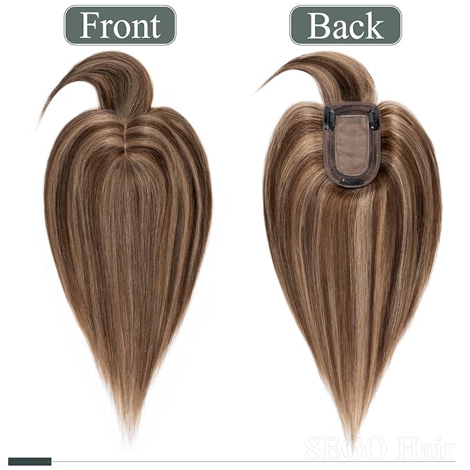 SEGO Hair Toppers for Women Real Human Hair with Thinning Hair, Toppers Hair Pieces Clip in Toppers Straight Hair Pieces with Front Bangs -12 Inch #4/27 Medium Brown Mix Dark Blonde